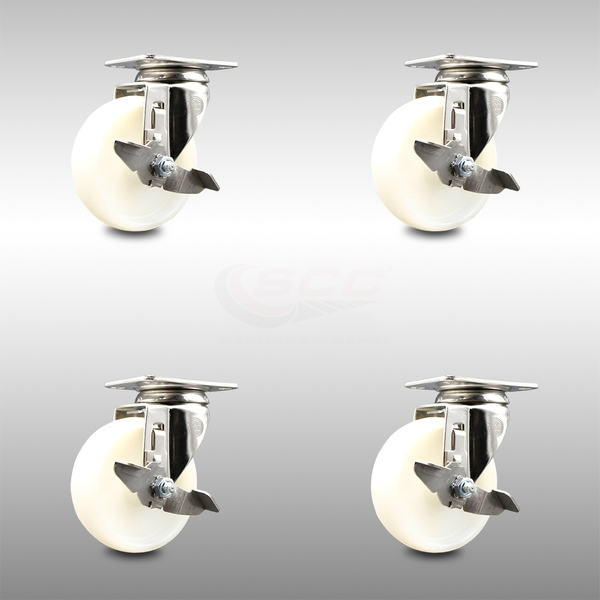 Service Caster 4 Inch 316SS Nylon Wheel Swivel Top Plate Caster Set with Brake SCC-SS31620S414-NYS-TLB-4
